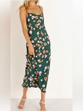 Flynn Skye Green Floral Slip midi Dress with Pink and Mustard Blooms